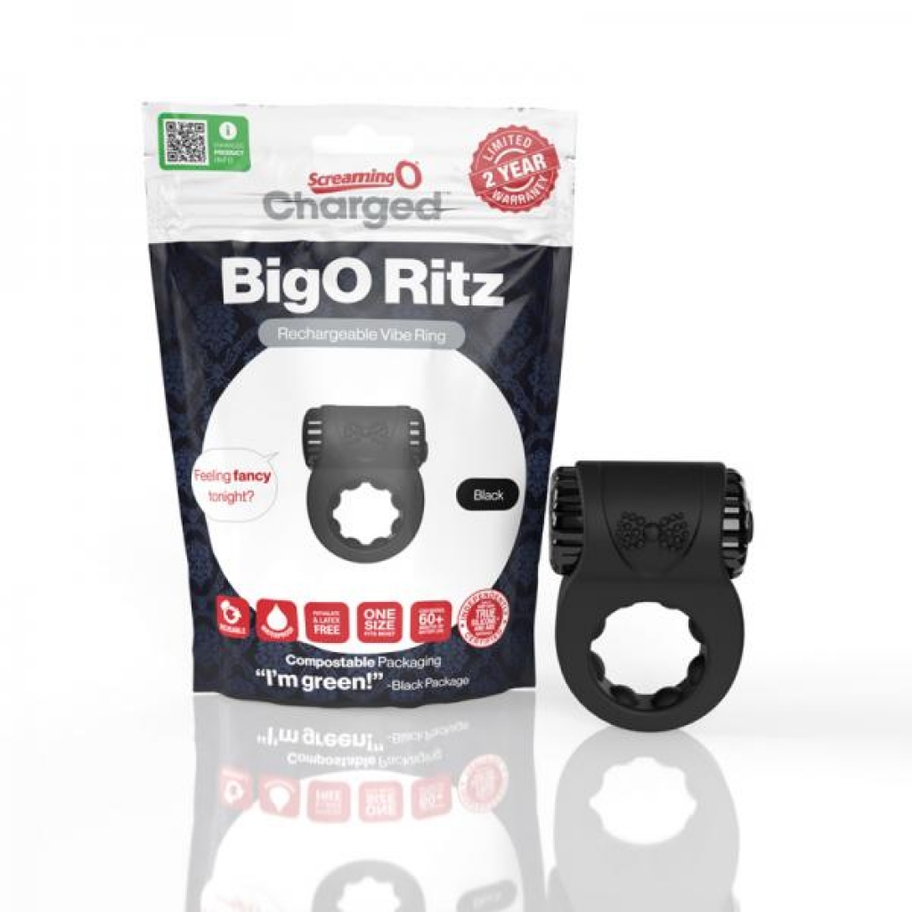 Screaming O Charged Big O Ritz Rechargeable Vibrating Silicone Cockring Black - Couples Vibrating Penis Rings