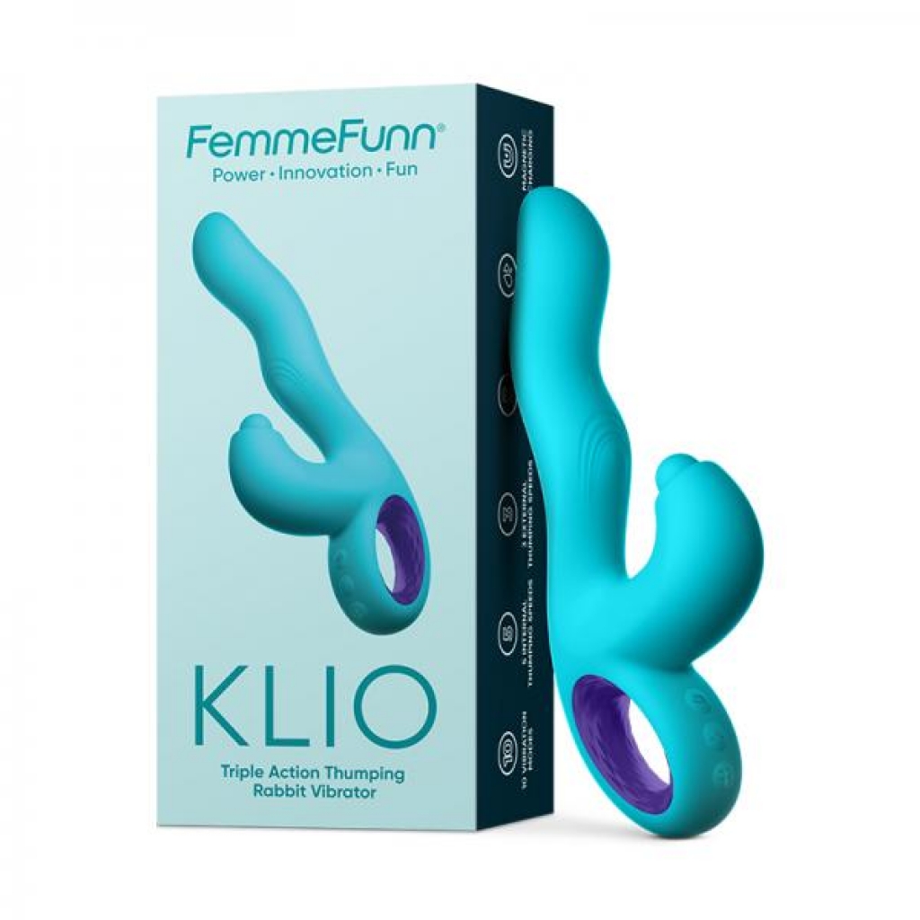 Femmefunn Klio Rechargeable Silicone Triple Action Thumping Rabbit Vibrator Turquoise - Rabbit Vibrators