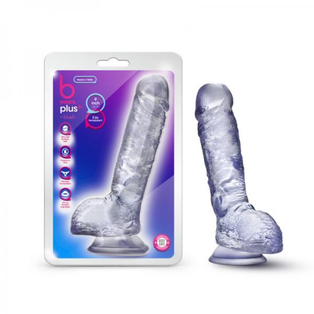 B Yours Plus Hearty N' Hefty 9 In. Dildo With Balls & Suction Cup Clear - Realistic Dildos & Dongs