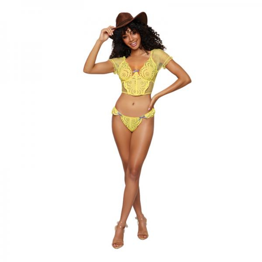 Dreamgirl Embroidered Eyelet Band And Stretch Fishnet Bustier And G-string Set Citrus L - Bodystockings, Pantyhose & Garters