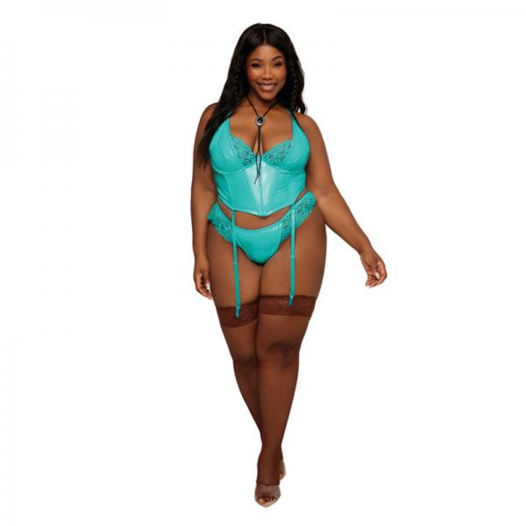 Dreamgirl Stretch Vinyl And Lace Bustier And G-string Set Ocean 1xl - Bodystockings, Pantyhose & Garters