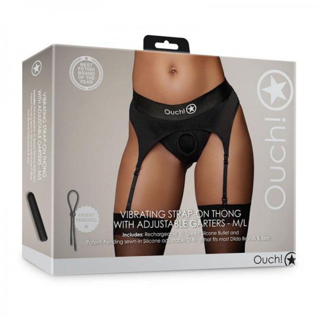 Shots Ouch! Vibrating Strap-on Thong With Adjustable Garters Black M/l - Babydolls & Slips