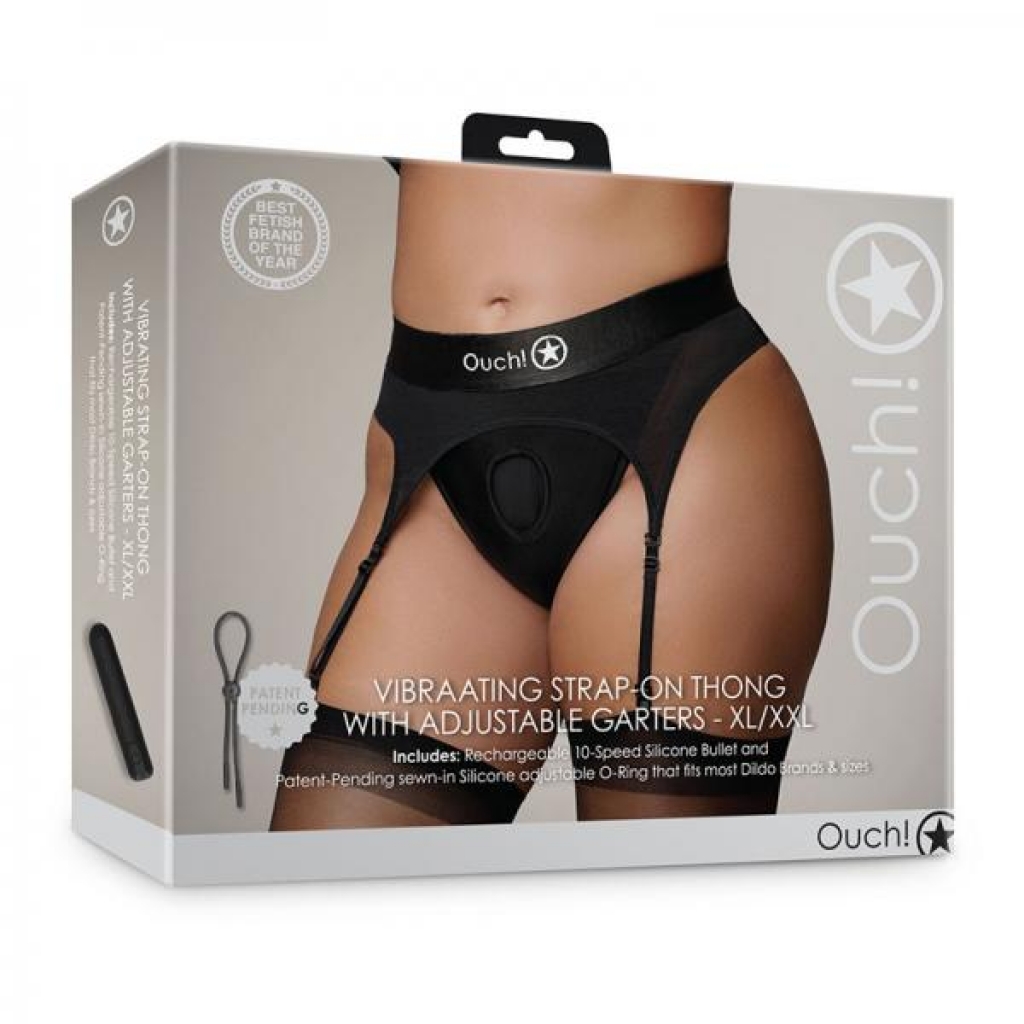 Shots Ouch! Vibrating Strap-on Thong With Adjustable Garters Black Xl/2xl - Babydolls & Slips