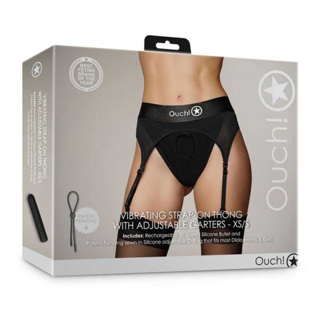 Shots Ouch! Vibrating Strap-on Thong With Adjustable Garters Black Xs/s - Babydolls & Slips