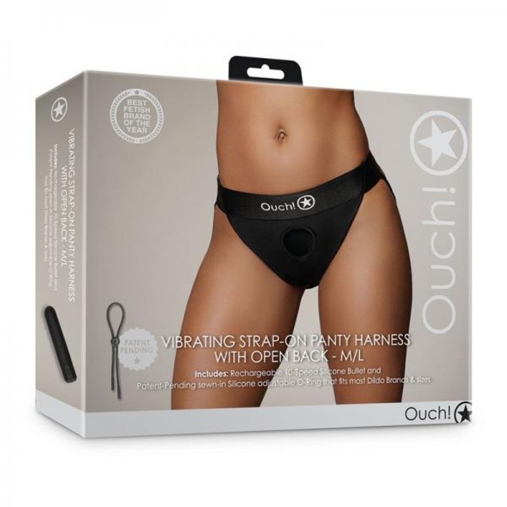 Shots Ouch! Vibrating Strap-on Panty Harness With Open Back Black M/l - Babydolls & Slips