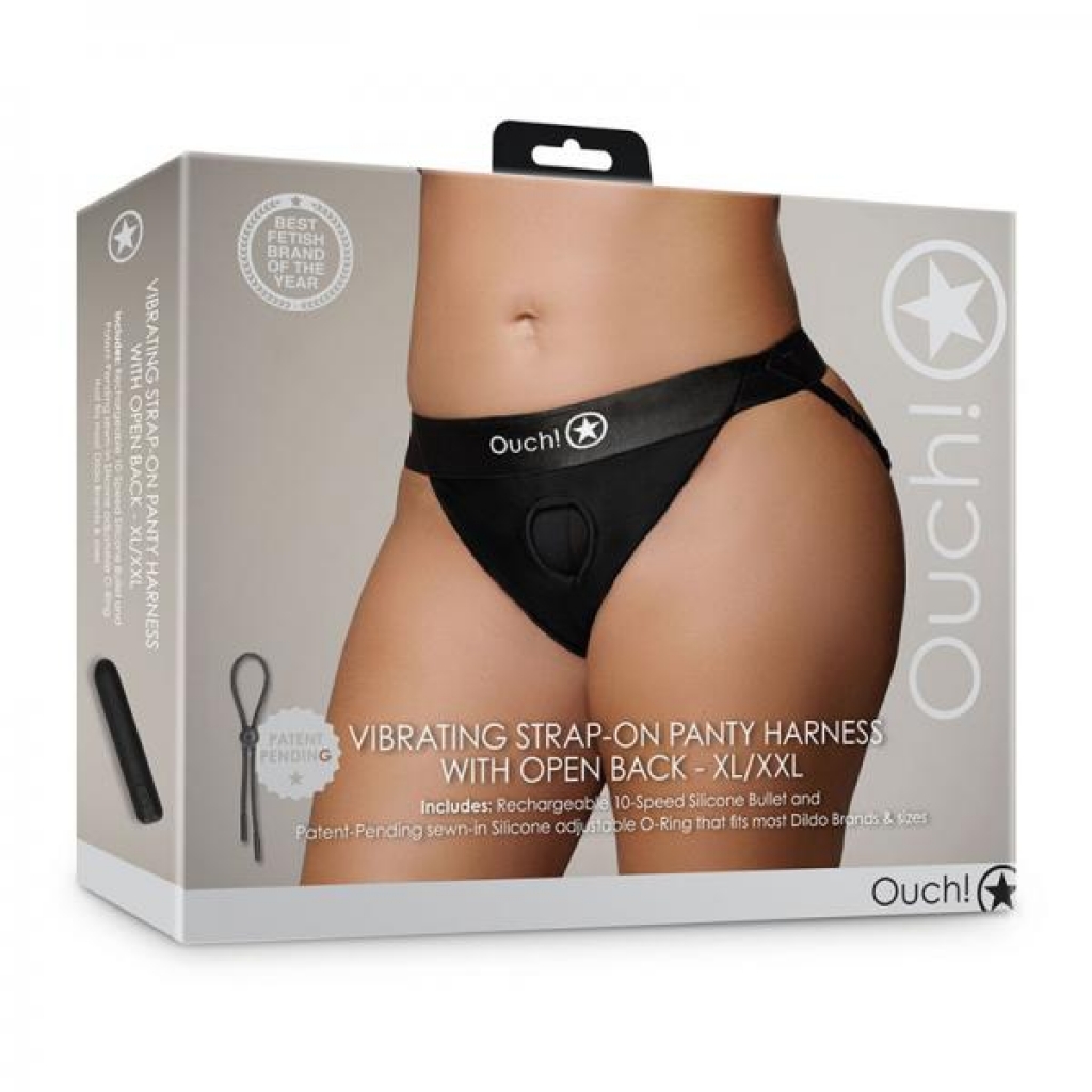 Shots Ouch! Vibrating Strap-on Panty Harness With Open Back Black Xl/2xl - Babydolls & Slips