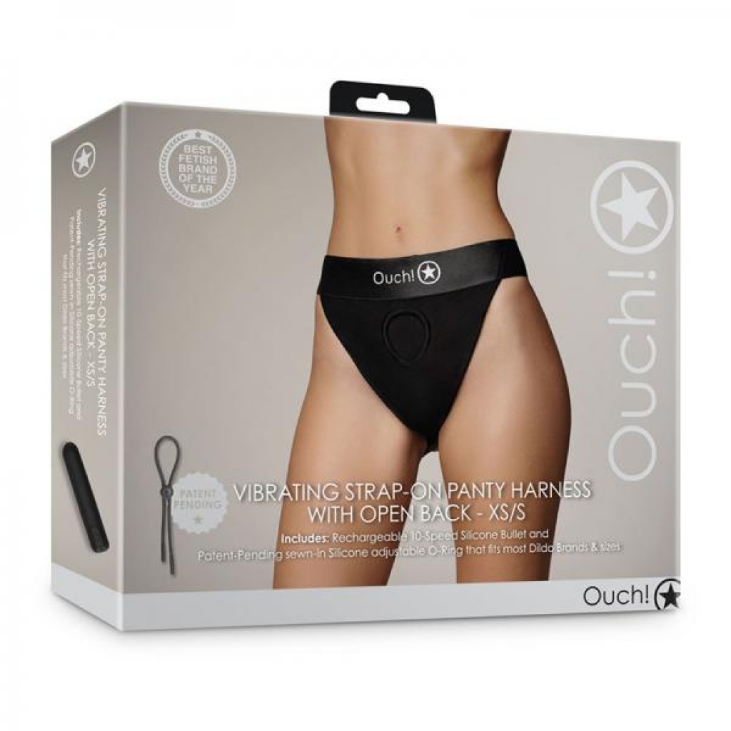 Shots Ouch! Vibrating Strap-on Panty Harness With Open Back Black Xs/s - Babydolls & Slips