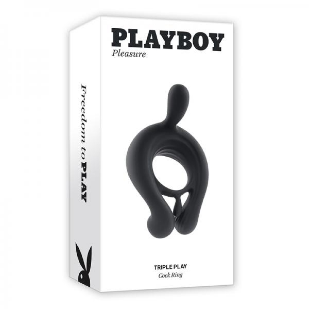 Playboy Triple Play Rechargeable Remote Controlled Vibrating Silicone Cockring With Stimulator Black - Couples Vibrating Penis Rings