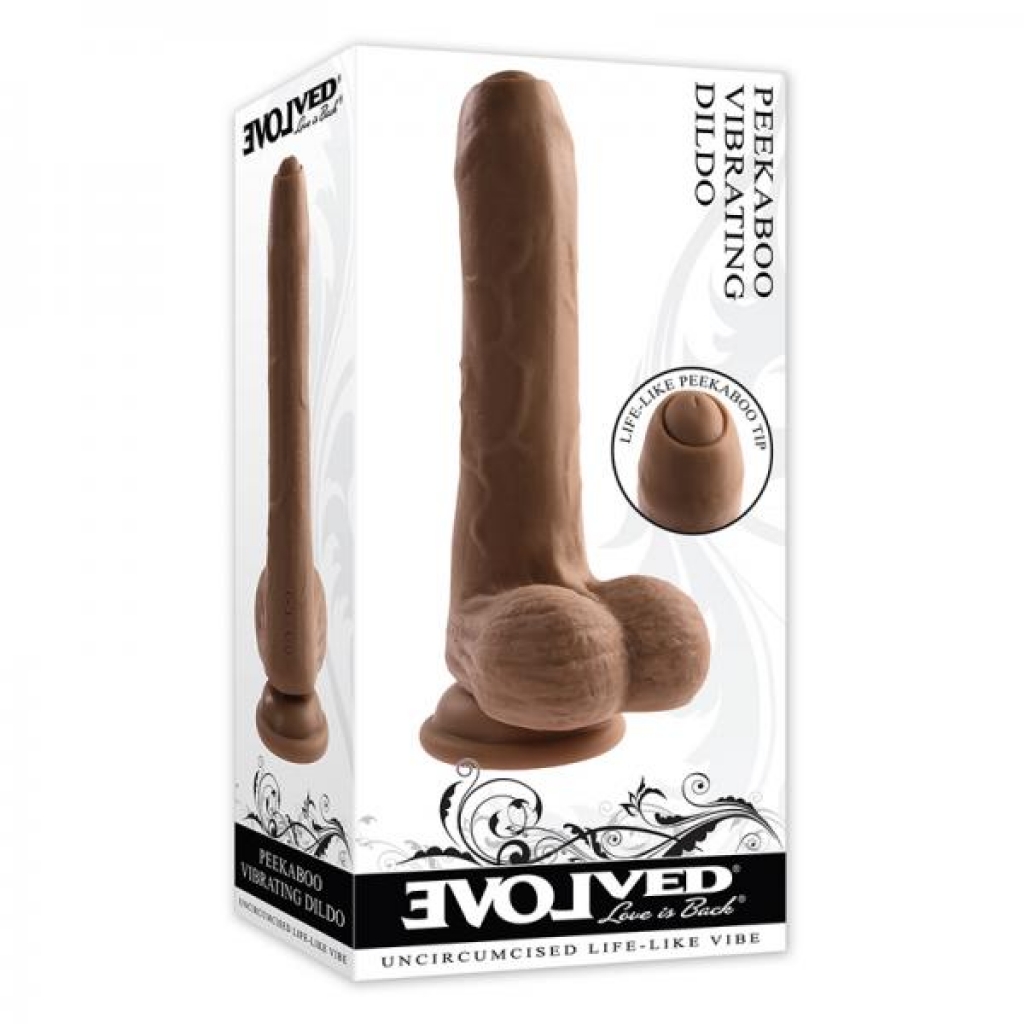 Evolved Peek A Boo Rechargeable Vibrating 8 In. Silicone Uncircumcised Dildo With Power Boost Dark - Realistic