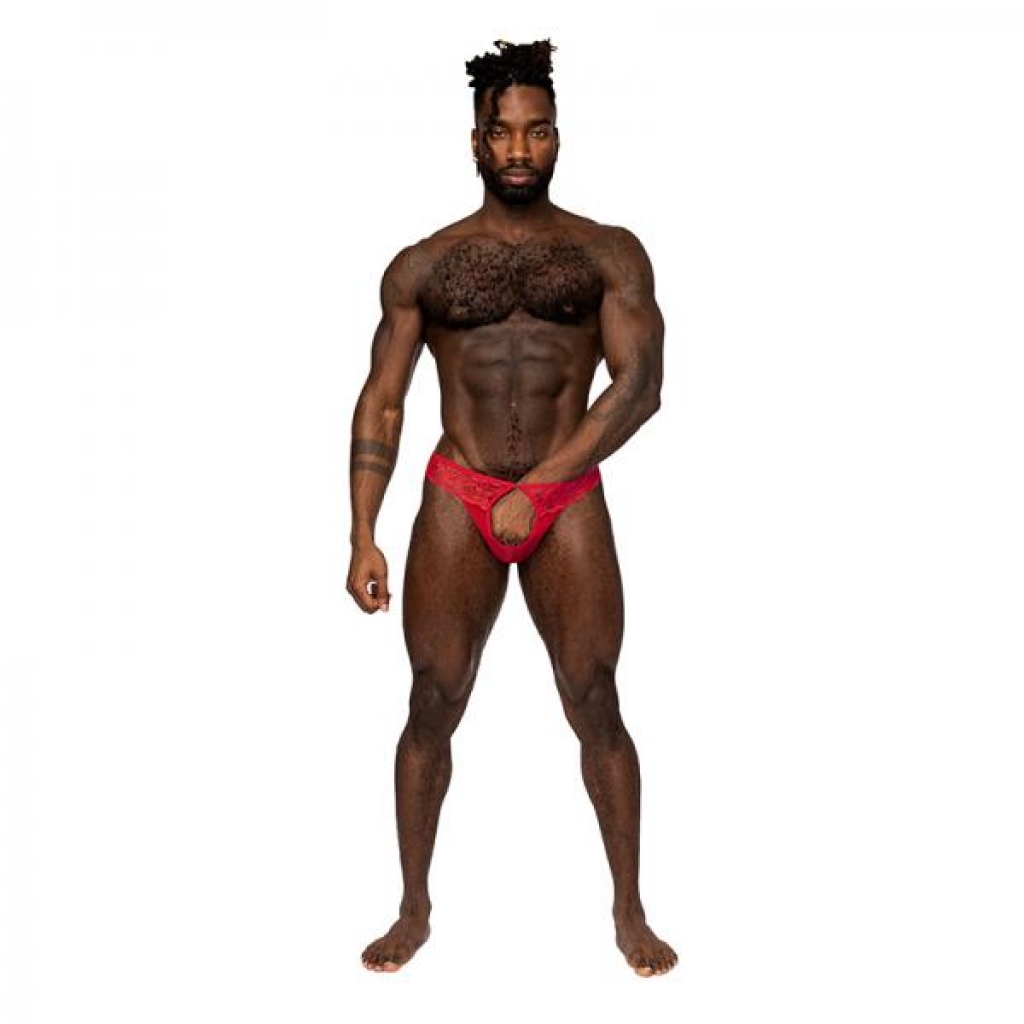 Male Power Sassy Lace Open Ring Thong Red S/m - Mens Underwear