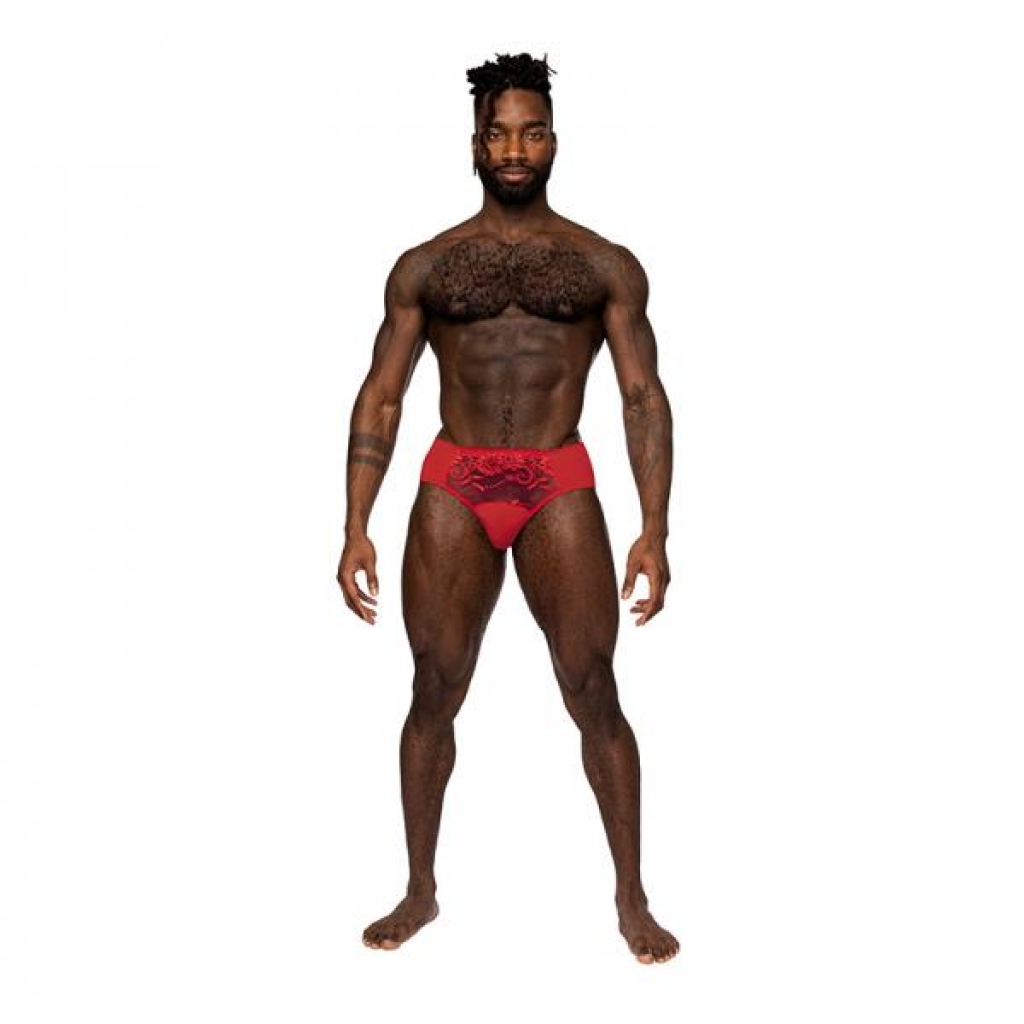 Male Power Sassy Lace Bikini Solid Pouch Red L - Mens Underwear