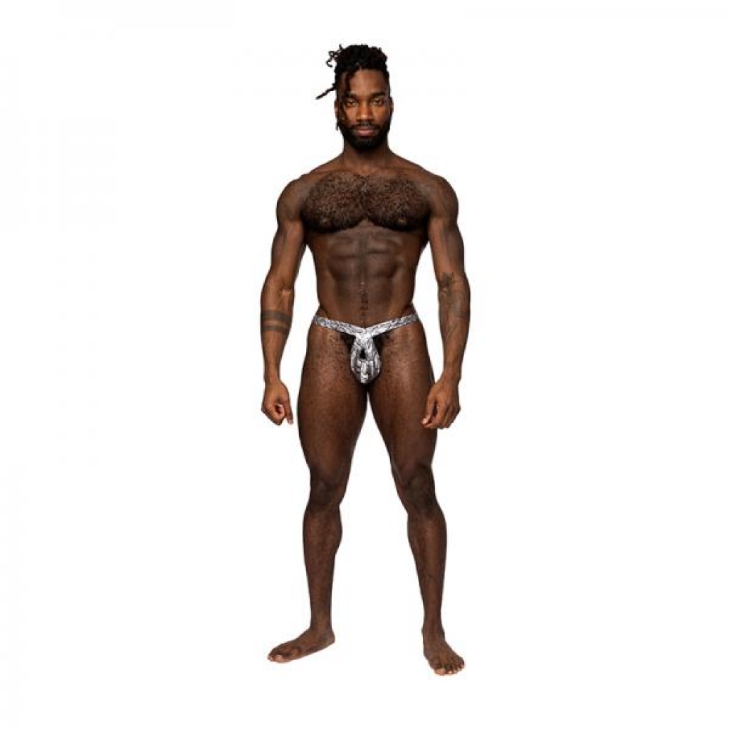 Male Power S'naked Criss Cross Thong Silver/black S/m - Mens Underwear