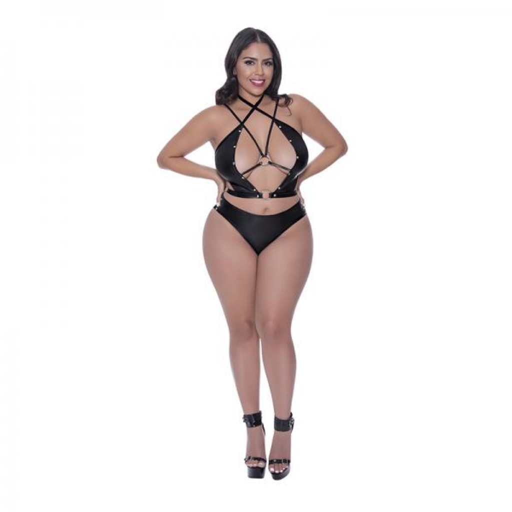 Lust Fetish Delia Strappy Bustier & Tanga Panty Black Queen Size - Babydolls & Slips