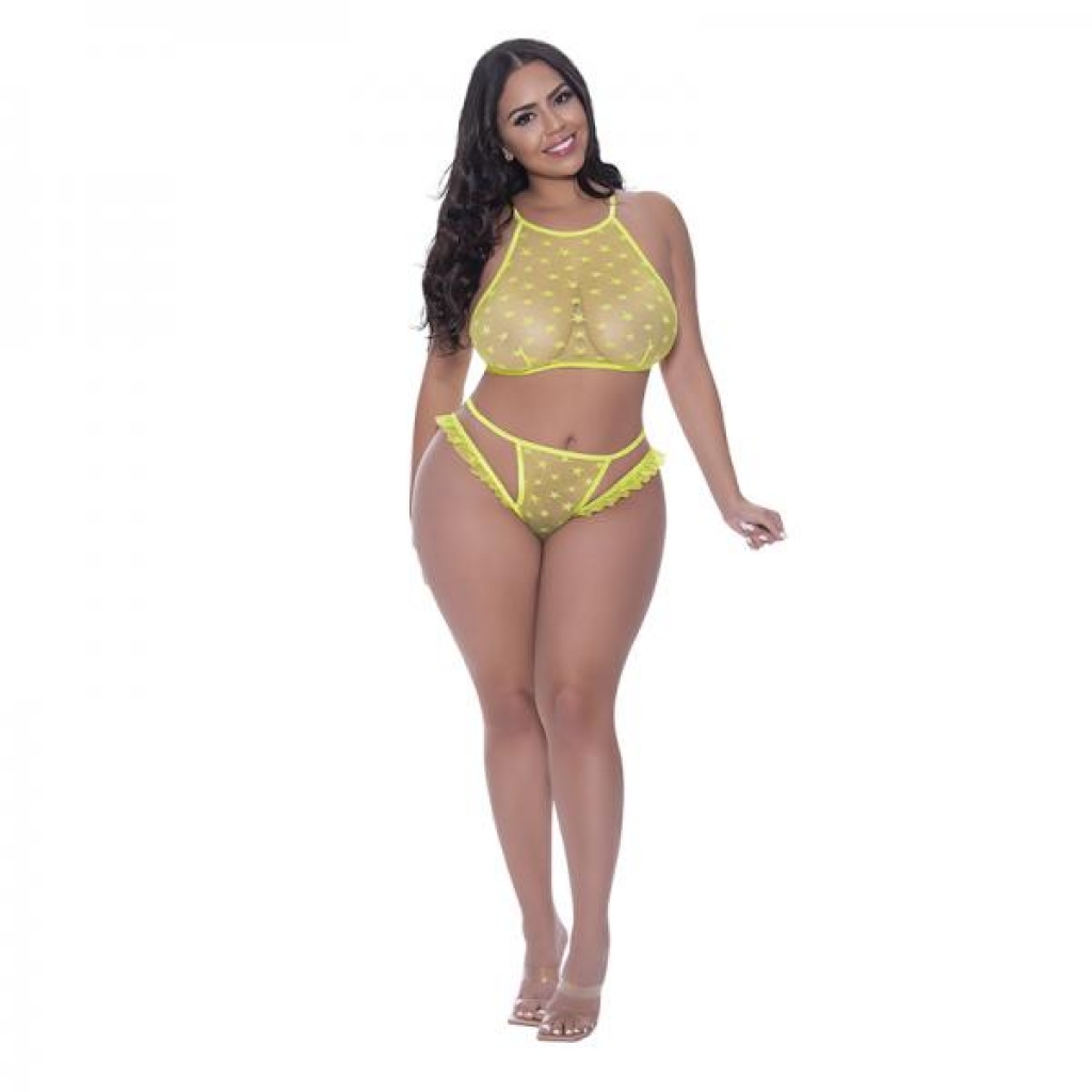 Magic Silk Love Star Halter Crop Bra & Cheeky Panty Set Neon Chartreuse Queen Size - Bra Sets