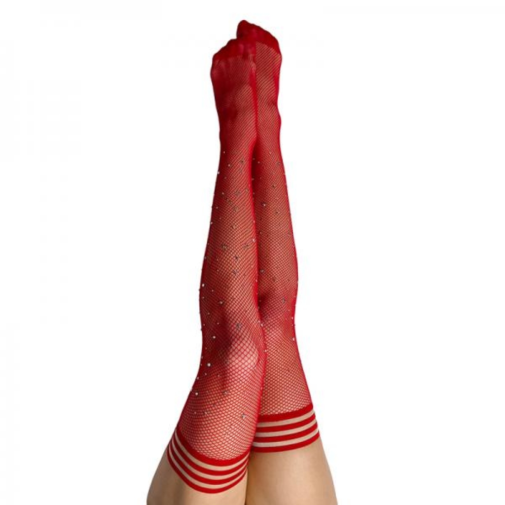 Kixies Red Fishnet Rhinestone Thigh High Size A - Bodystockings, Pantyhose & Garters