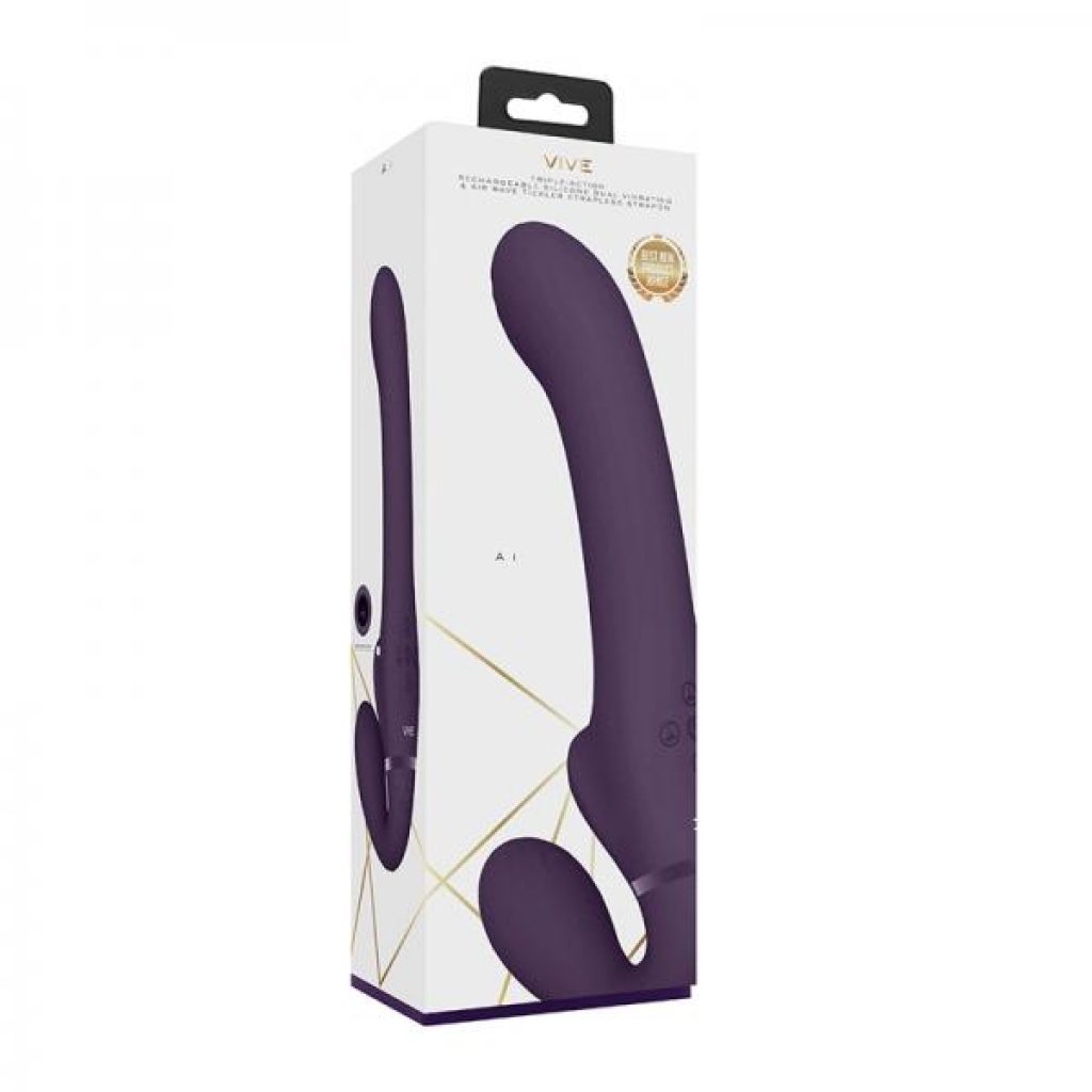 Vive Ai Rechargeable Dual Vibrating & Air Wave Tickler Silicone Strapless Strapon Purple - Strapless Strap-ons