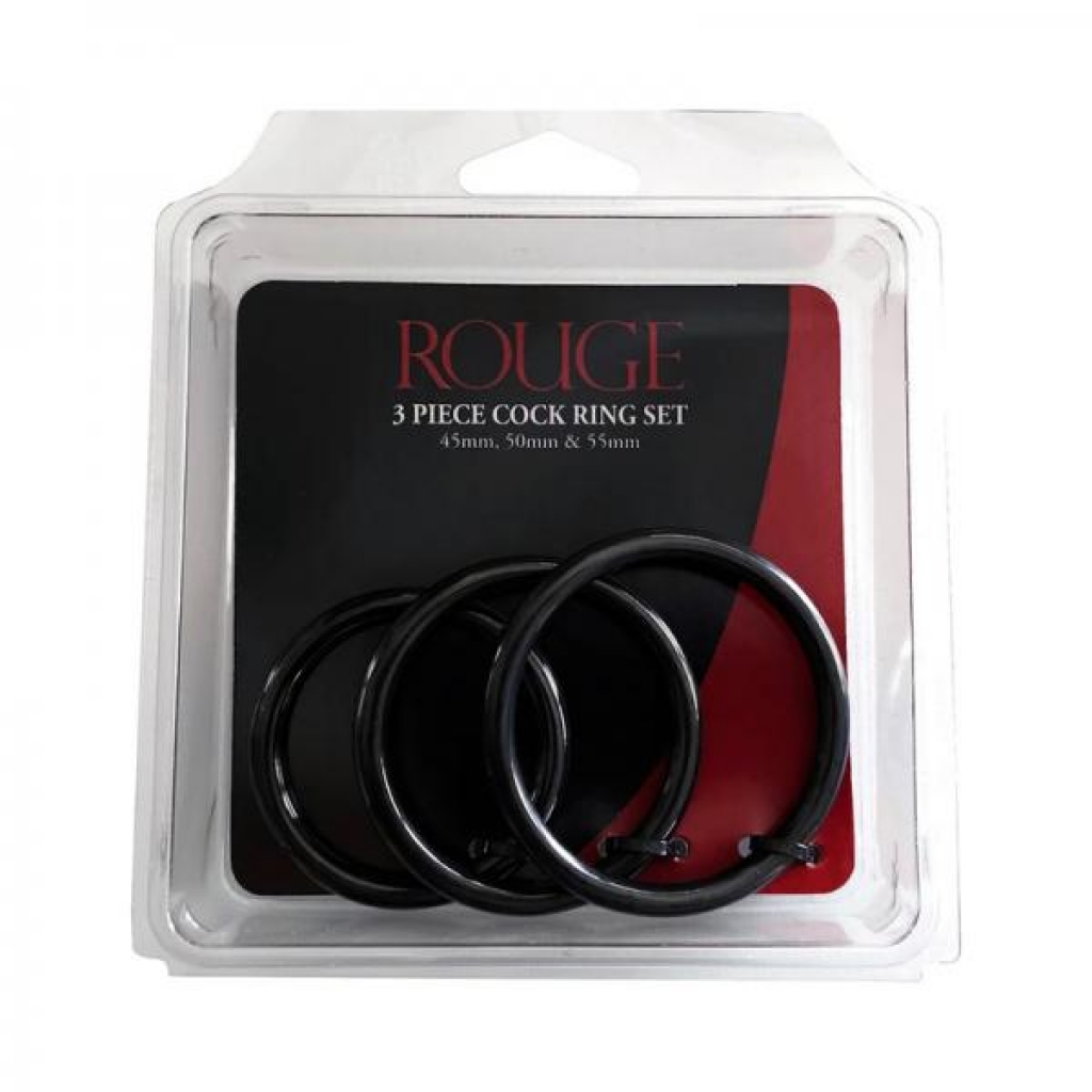 Rouge Stainless Steel 3 Piece Cock Ring Set (45/50/55mm) Black - Couples Vibrating Penis Rings
