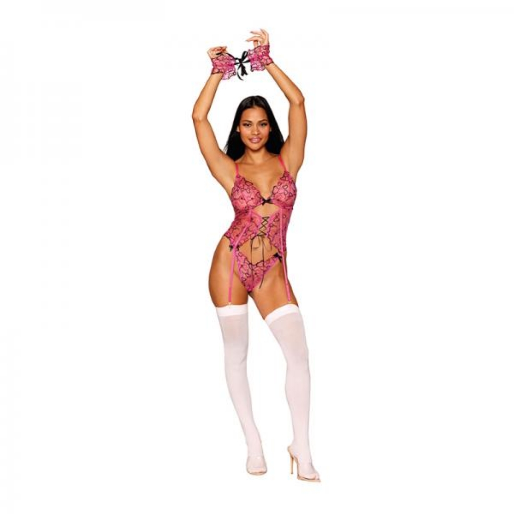 Dreamgirl Multicolored Heart Embroidered Bustier, G-string And Wrist Restraints Set Peony O/s - Babydolls & Slips