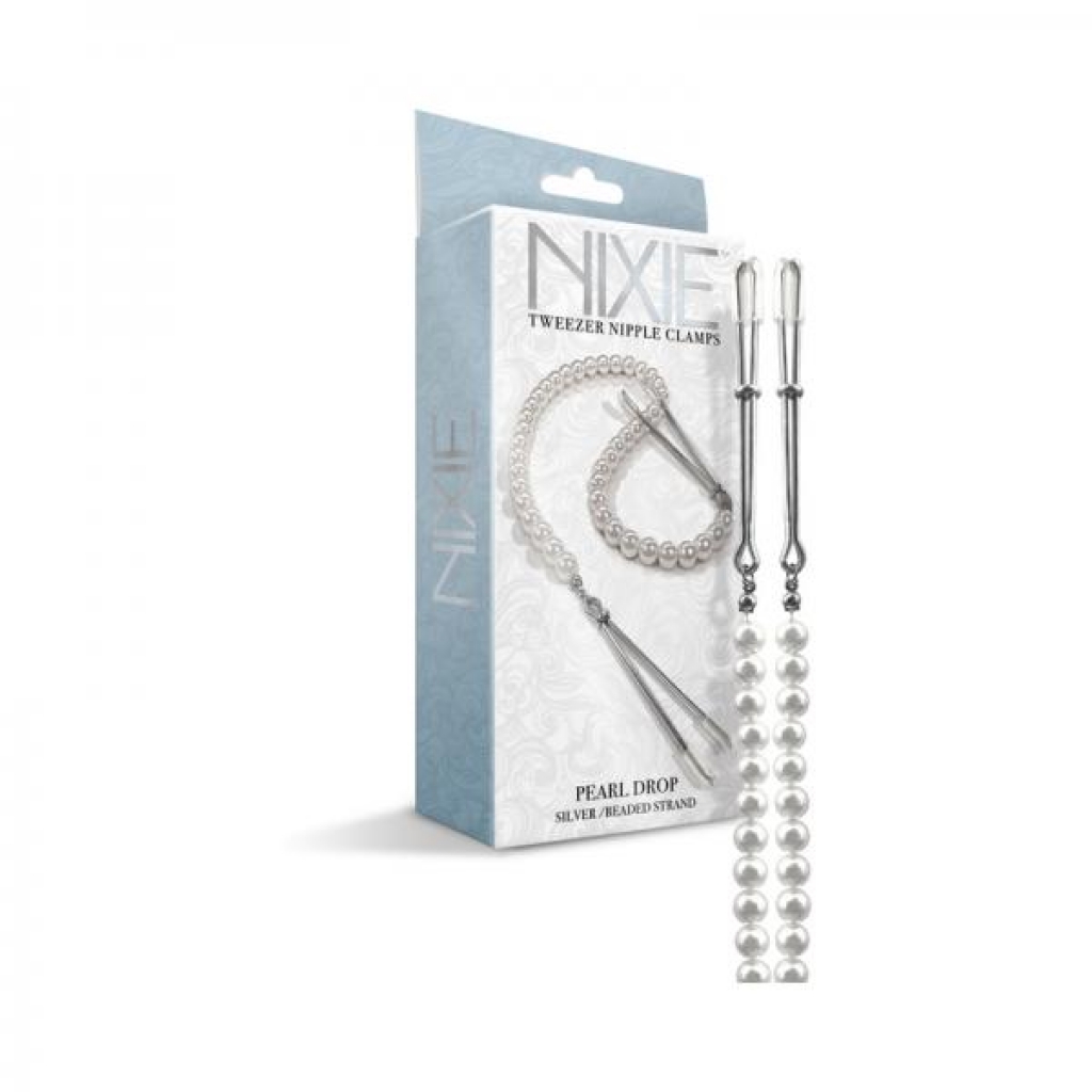 Nixie Pearl Drop Beaded Tweezer Nipple Clamps Silver - Nipple Clamps