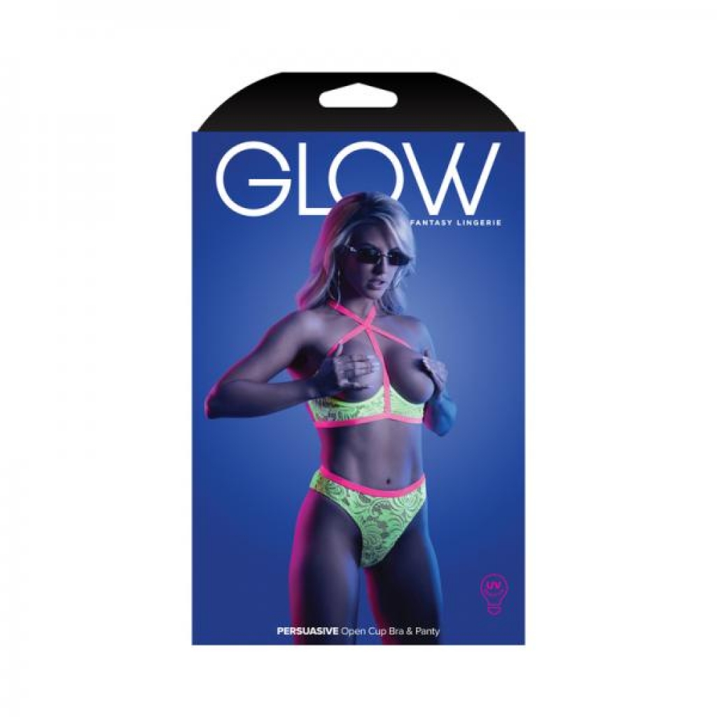 Fantasy Lingerie Glow Persuasive Contrast Elastic Open Cup Lace Cage Bra & Panty Neon Green M/l - Bra Sets