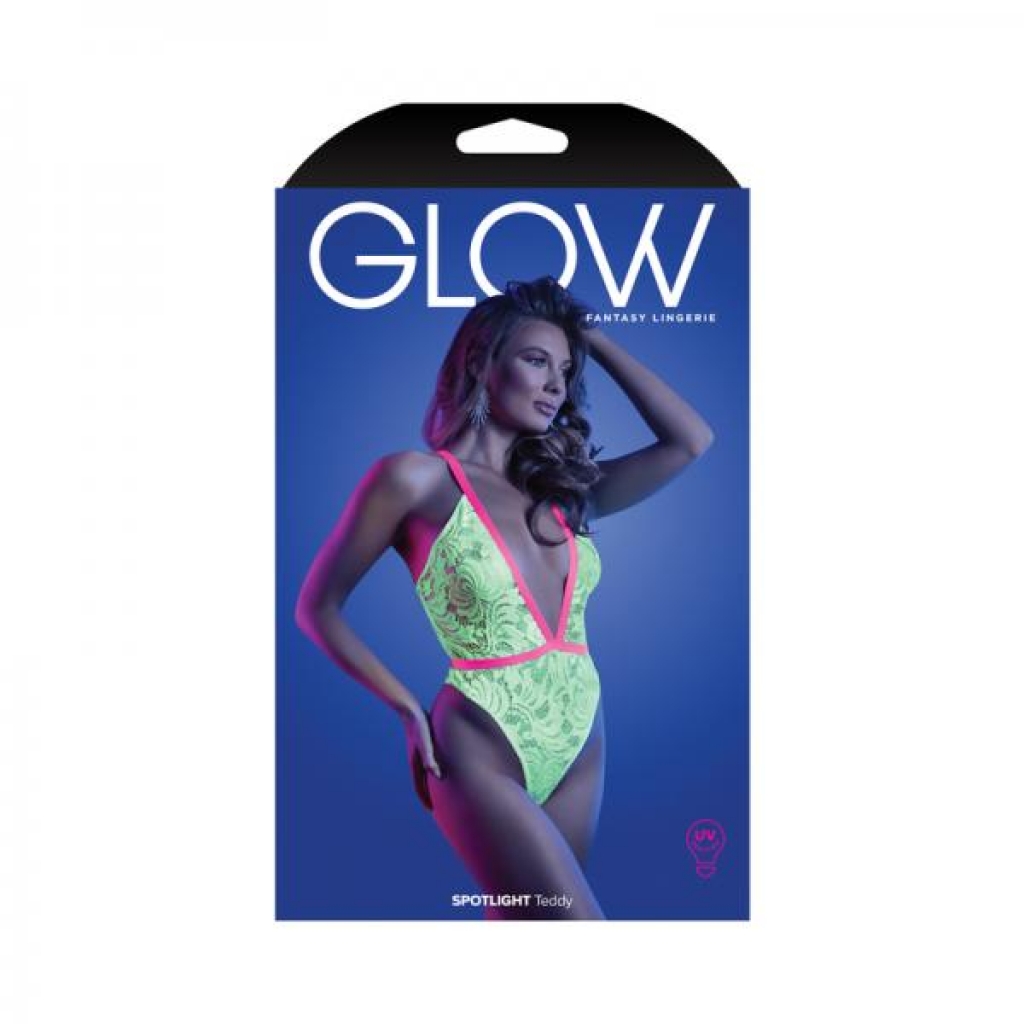Fantasy Lingerie Glow Spotlight Contrast Elastic Lace Teddy With Snap Closure Neon Green S/m - Teddies