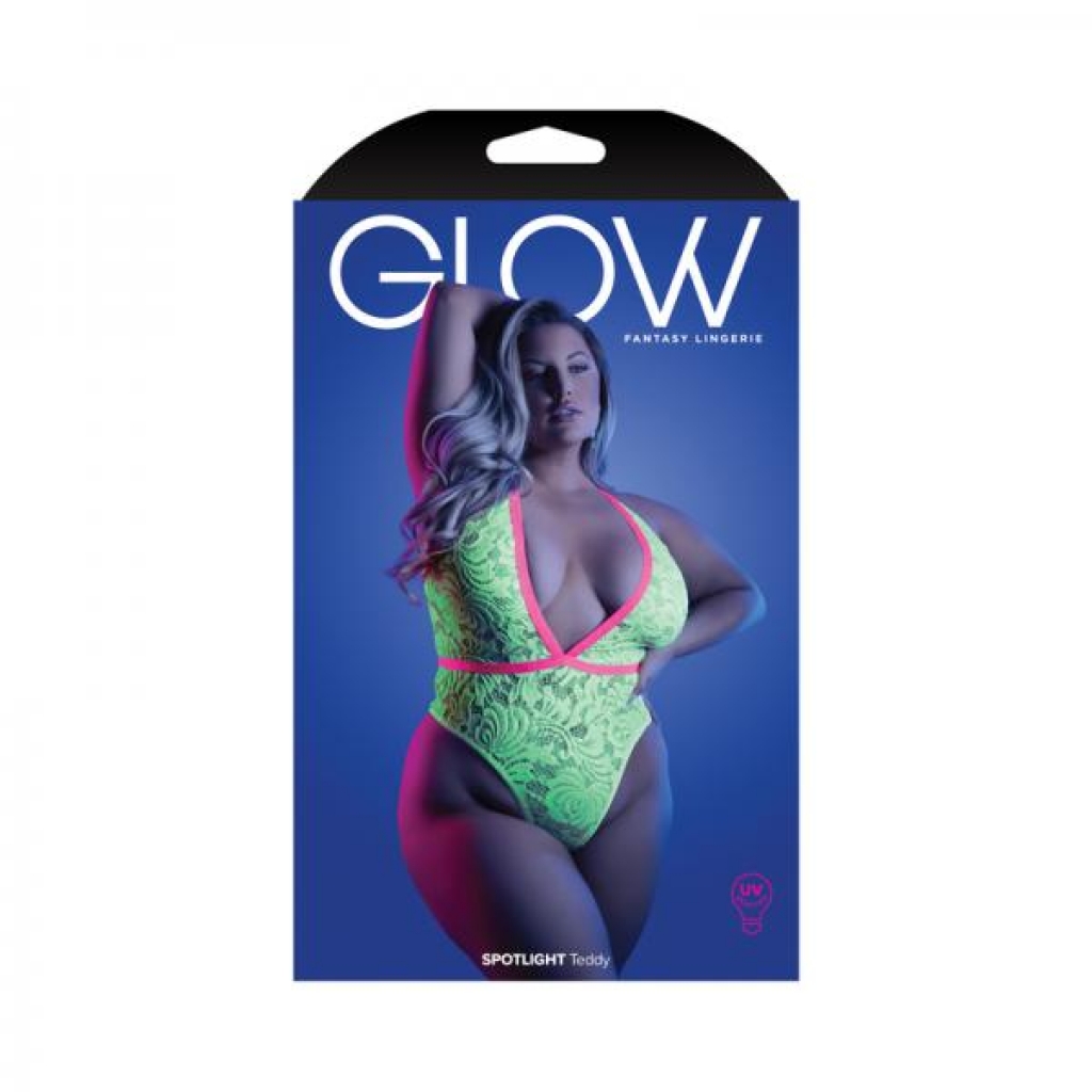 Fantasy Lingerie Glow Spotlight Contrast Elastic Lace Teddy With Snap Closure Neon Green Queen Size - Teddies