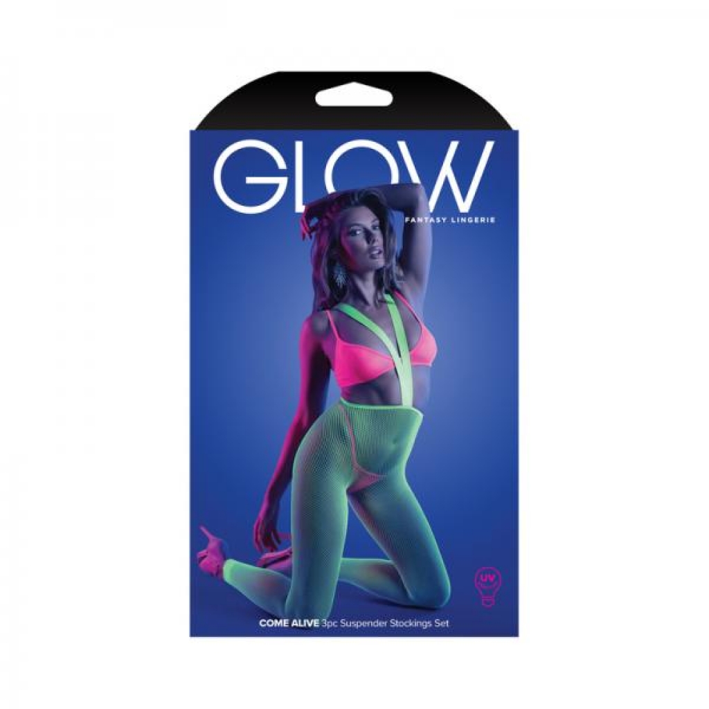 Fantasy Lingerie Glow Come Alive 3-piece Bralette, G-string & Suspender Stockings Set Neon Green O/s - Babydolls & Slips