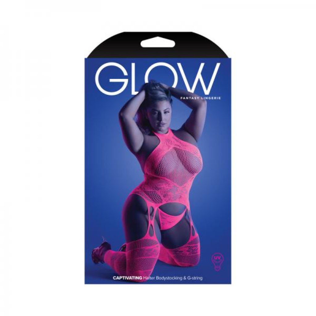 Fantasy Lingerie Glow Captivating High Neck Halter Bodystocking & G-string Set Neon Pink Queen Size - Bodystockings, Pantyhose & Garters