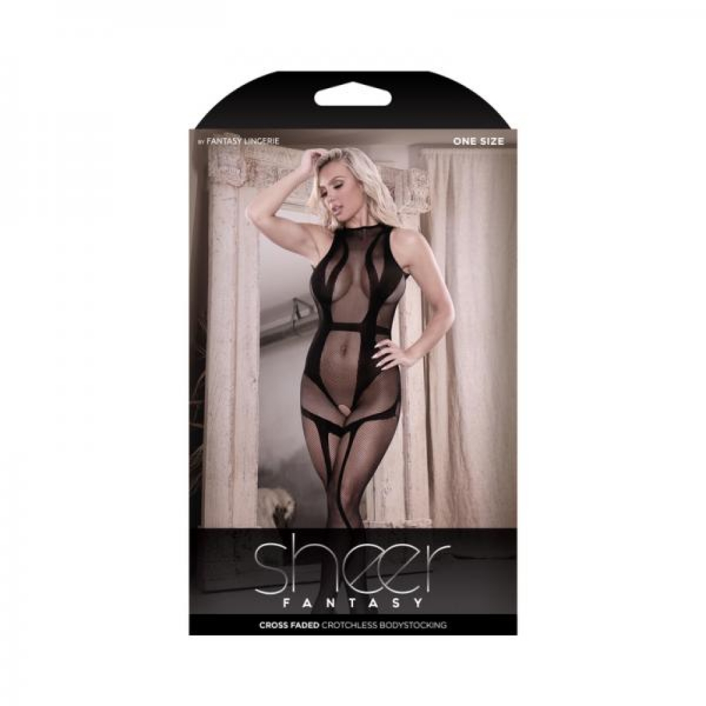 Fantasy Lingerie Sheer Cross Faded High Neck Crotchless Bodystocking Black O/s - Bodystockings, Pantyhose & Garters