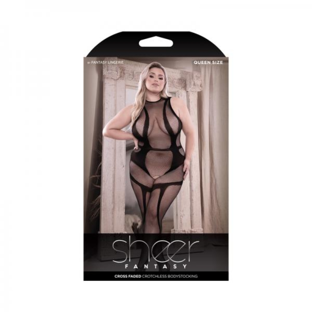 Fantasy Lingerie Sheer Cross Faded High Neck Crotchless Bodystocking Black Queen Size - Bodystockings, Pantyhose & Garters