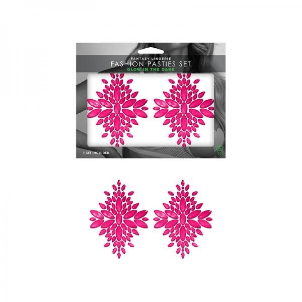 Fantasy Lingerie Glow-in-the-dark Crystal 1 Pair Jeweled Pasties Neon Pink O/s - Pasties, Tattoos & Accessories