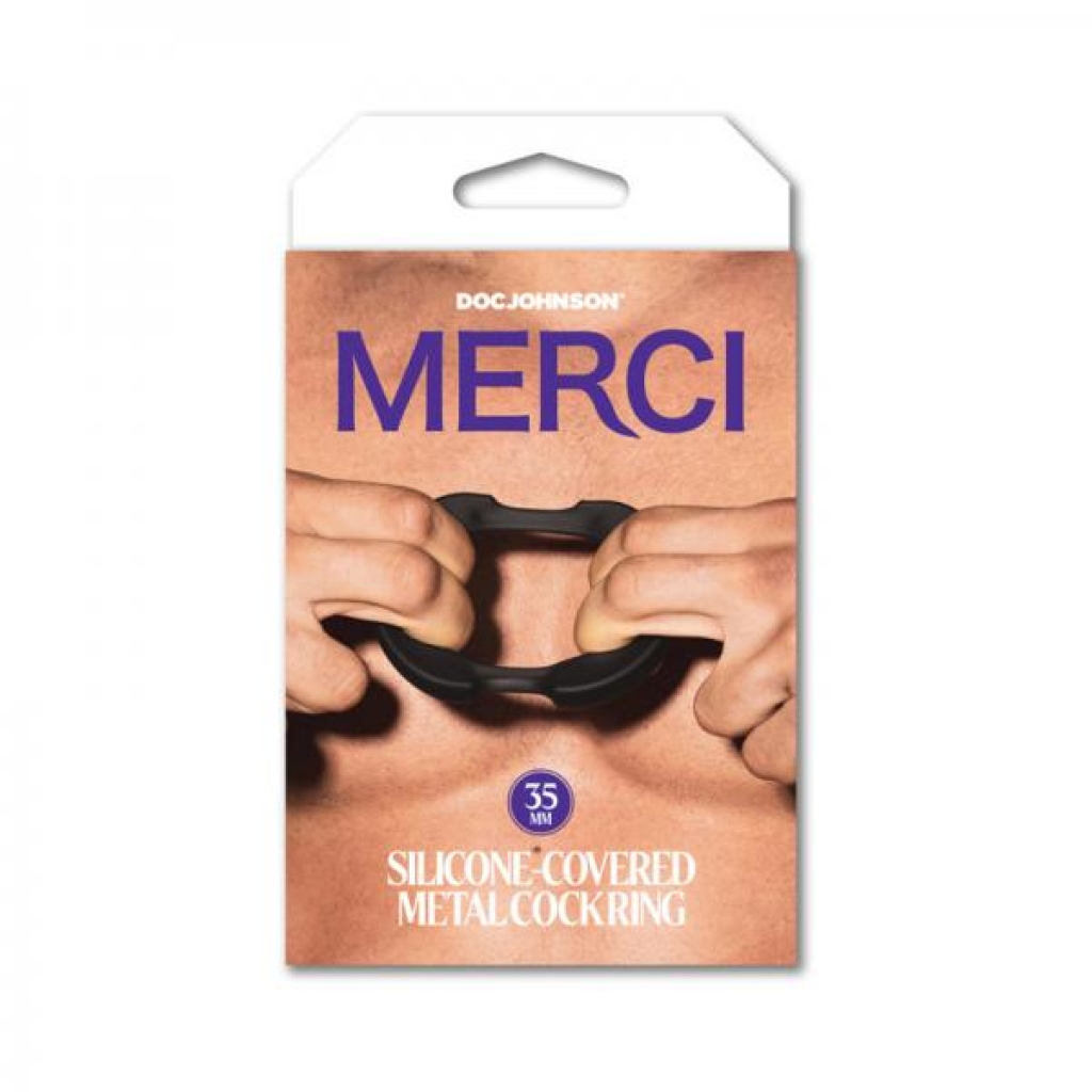 Merci Silicone Covered Metal Cock Ring 35mm Black - Couples Vibrating Penis Rings