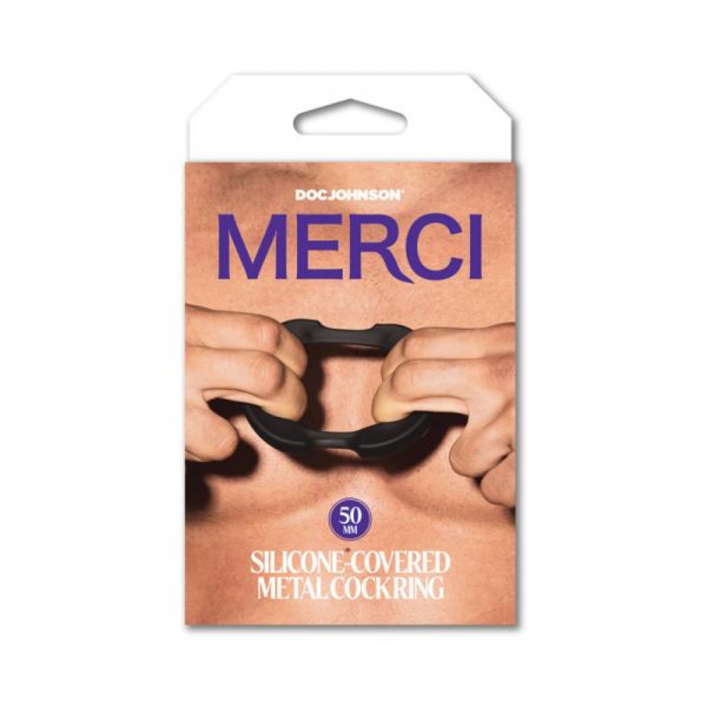 Merci Silicone Covered Metal Cock Ring 50mm Black - Couples Vibrating Penis Rings