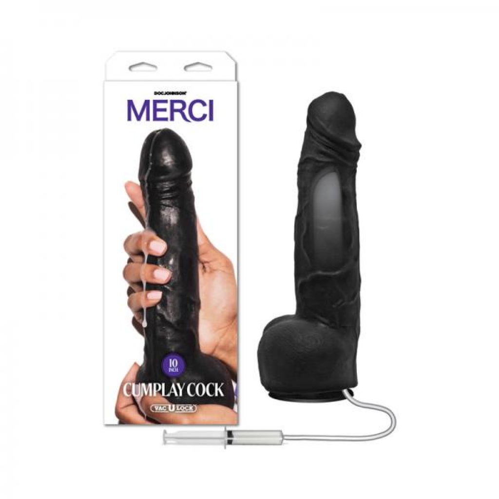 Merci Dual Density Ultraskyn Squirting Cumplay Cock With Removable Vac-u-lock Suction Cup 10in Black - Realistic Dildos & Dongs