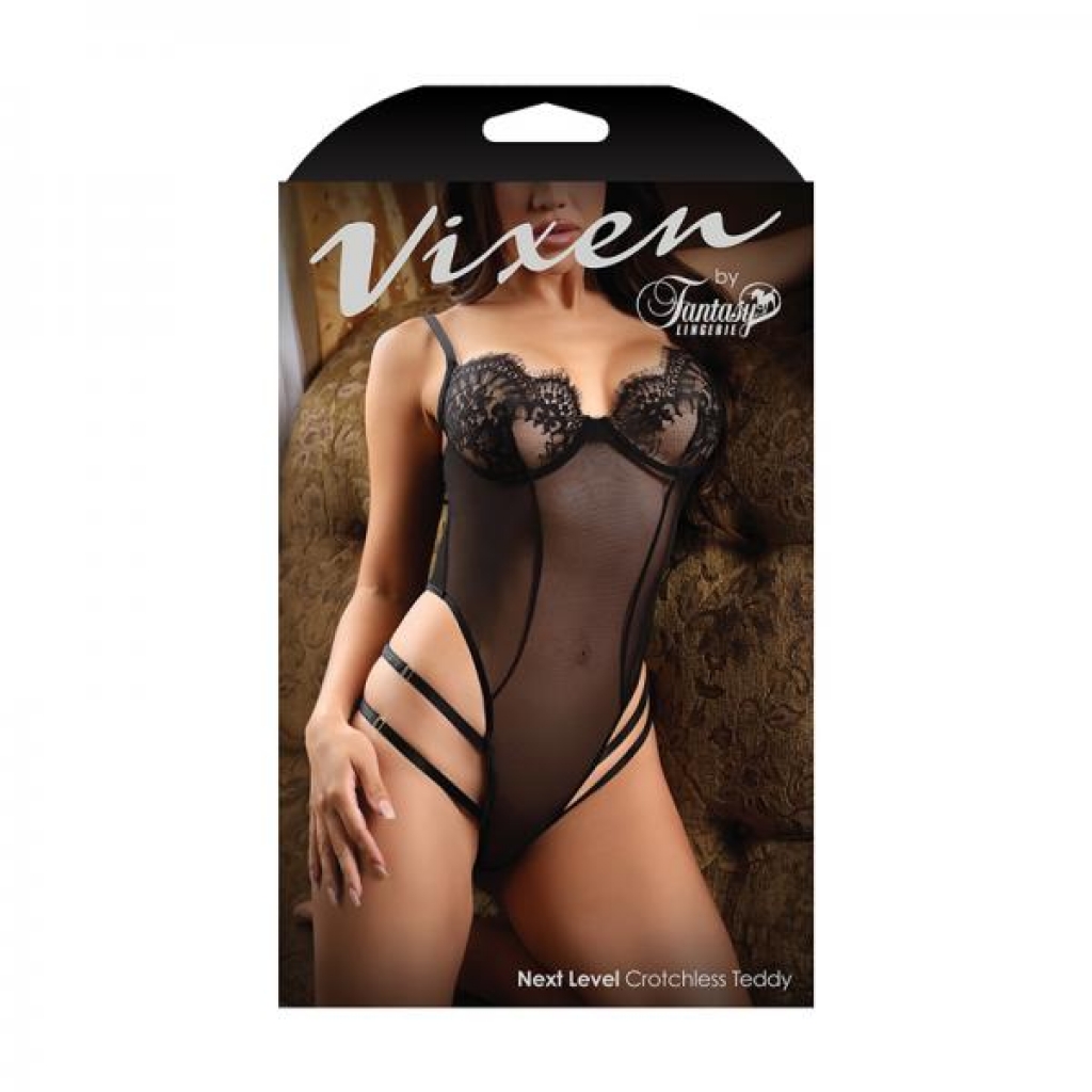 Fantasy Lingerie Vixen Next Level Strappy Crotchless Teddy With Lace Underwire Cups Black L/xl - Teddies