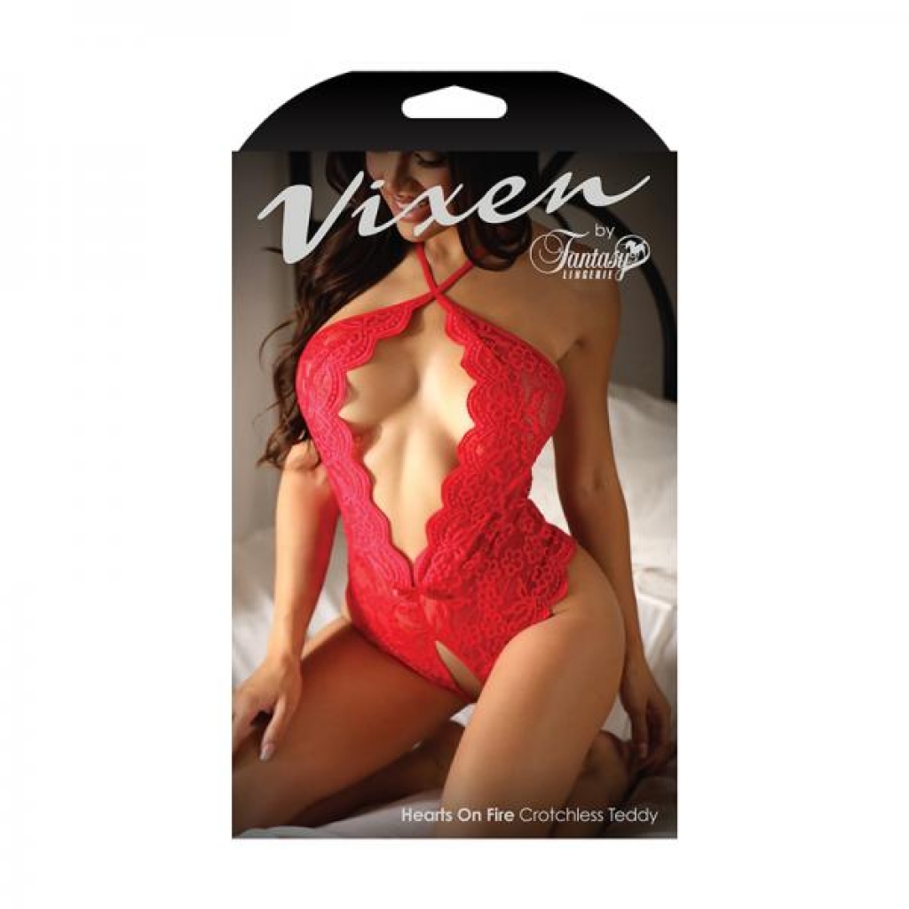 Fantasy Lingerie Vixen Hearts On Fire Crotchless Lace Teddy With Open Pearl Draped Back Red O/s - Teddies