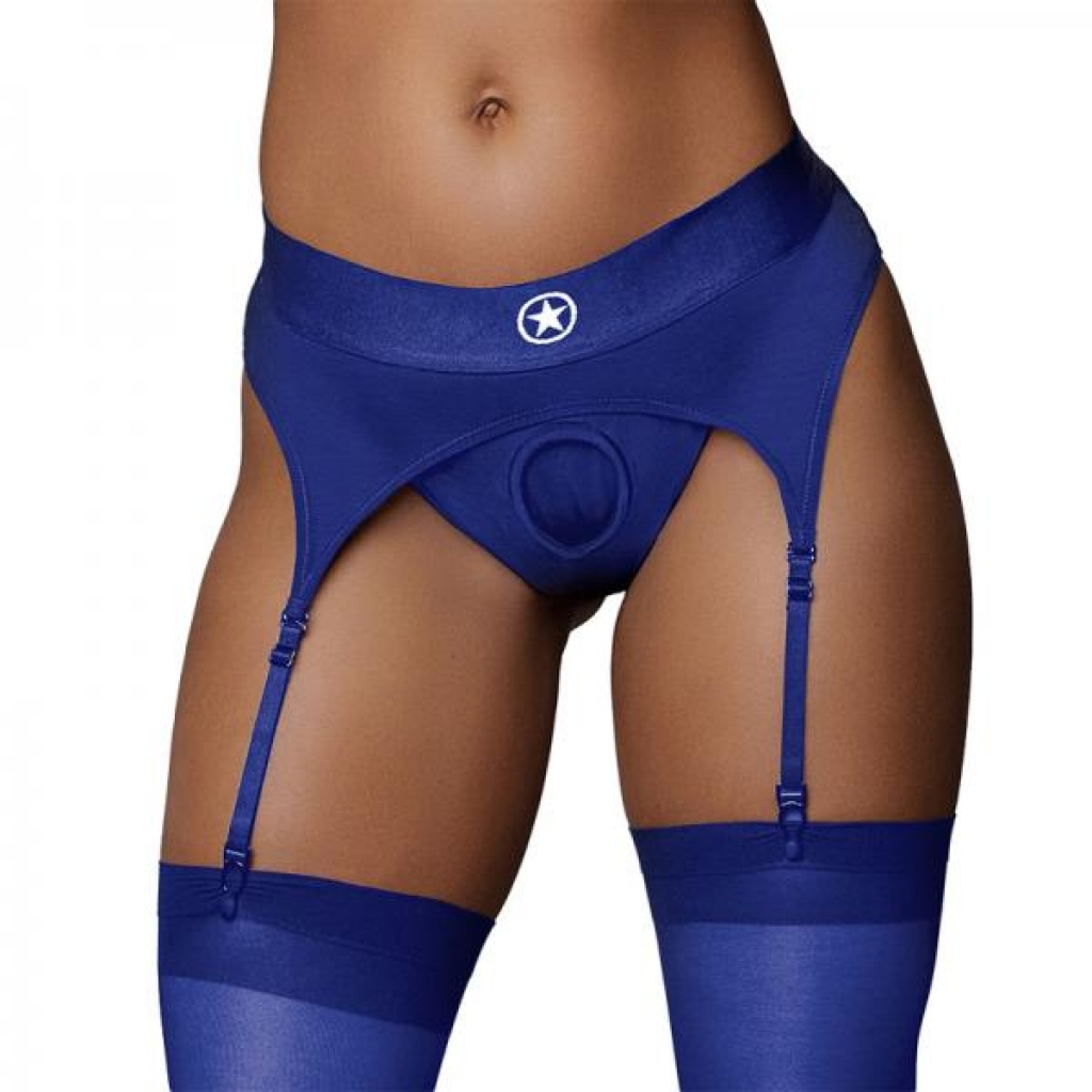 Ouch! Vibrating Strap-on Thong With Adjustable Garters Royal Blue M/l - Babydolls & Slips