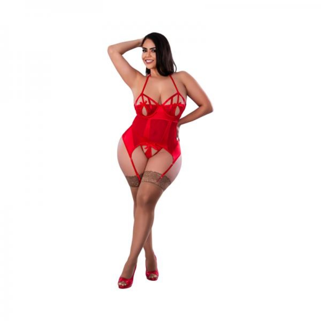 Magic Silk Holidaze Peek-a-boo Basque And Pull Open G-string Red Queen Size - Transgender Wear
