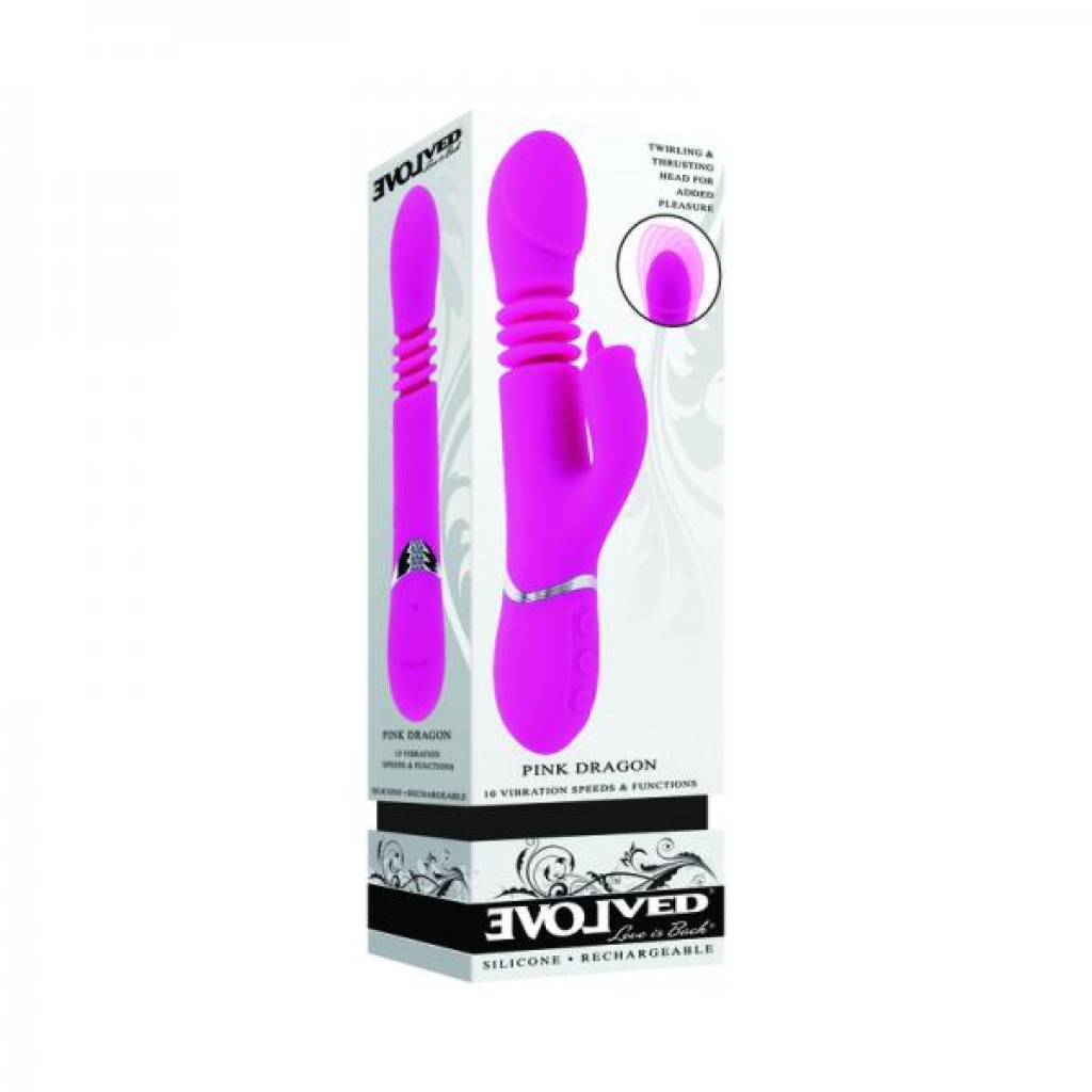 Evolved Pink Dragon Rechargeable Thrusting Dual Stimulator Silicone Pink - Rabbit Vibrators