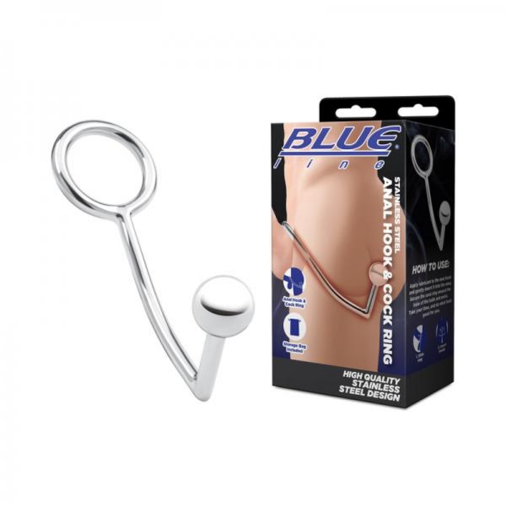 Blue Line Stainless Steel Anal Hook & Cock Ring - Couples Vibrating Penis Rings