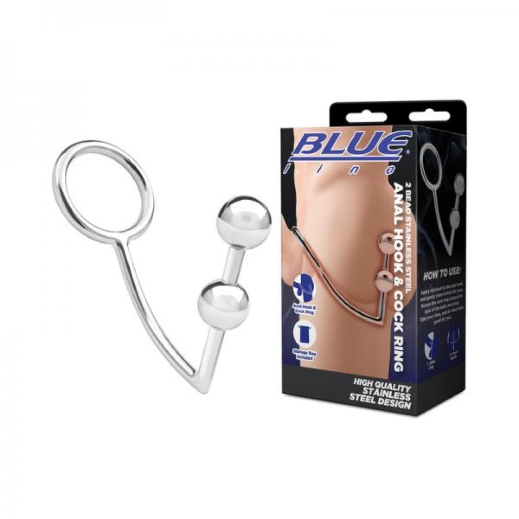 Blue Line 2 Bead Stainless Steel Anal Hook & Cock Ring - Couples Vibrating Penis Rings